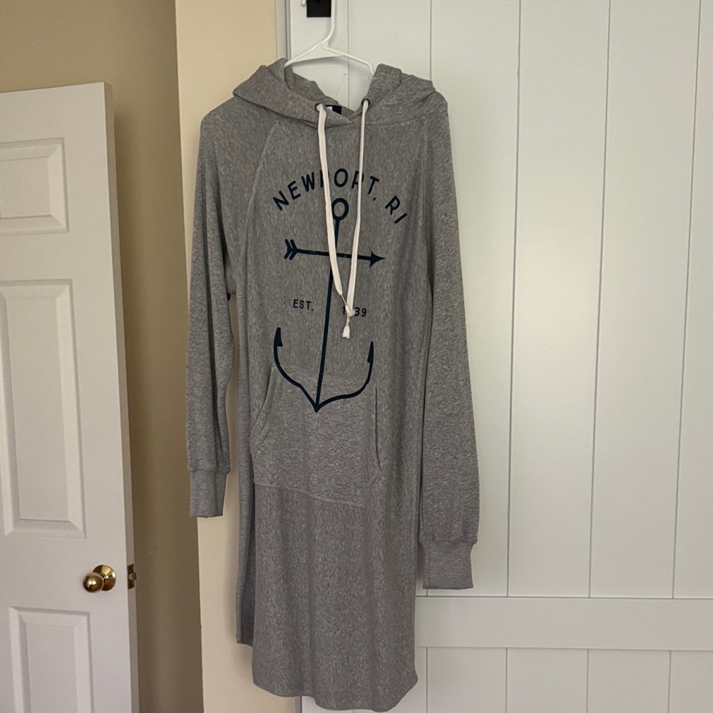 Gray Hooded Dress with Navy Print